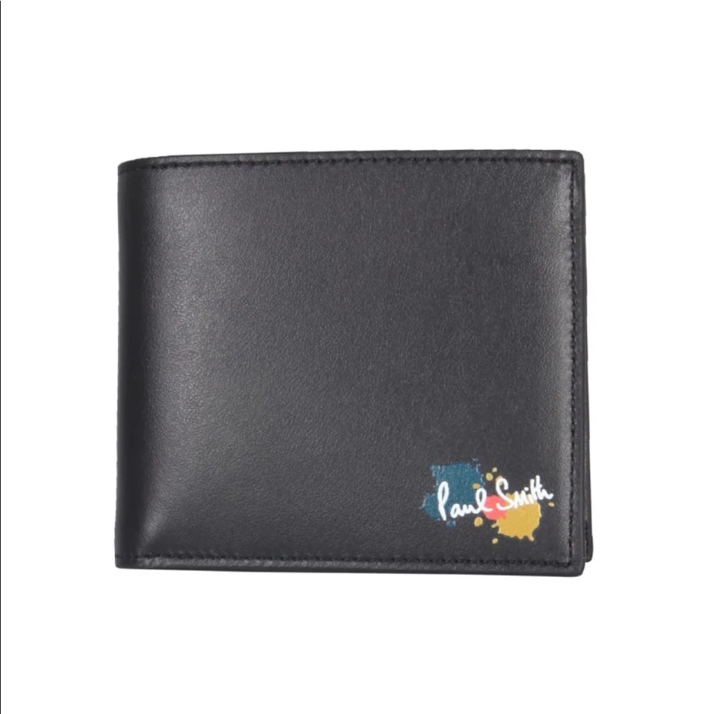 Paul Smith Logo Paint Splatter Bifold Wallet w/coin pocket black leather NWT